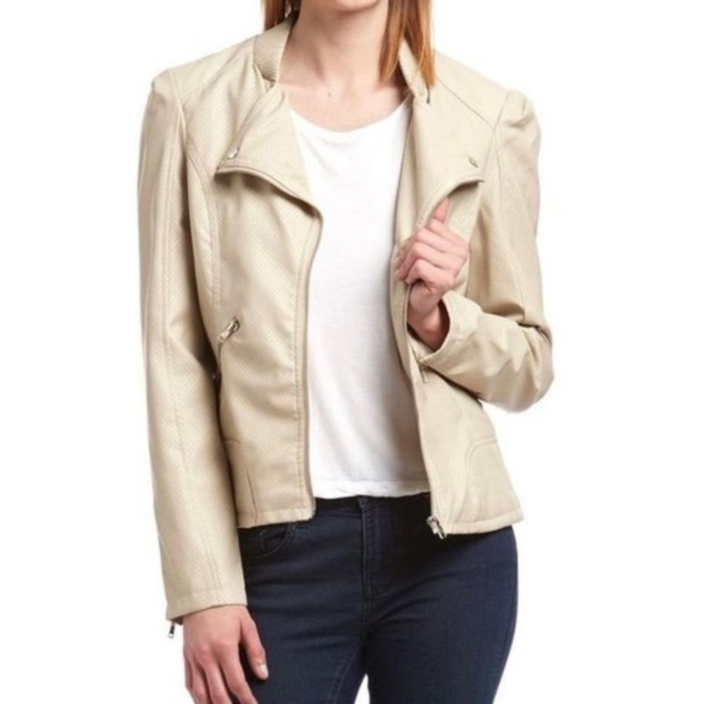 Therapy Creamy Tan Faux Leather Moto Jacket sz PL Petite Large